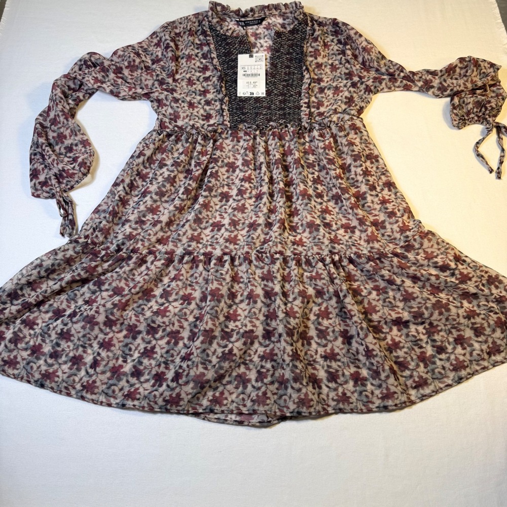 Zara XS Floral Babydoll Mini Dress Boho Cottagecore Smocked Tier  Festival fairy - Picture 15 of 16